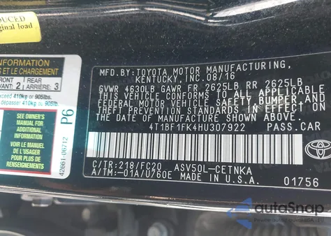 2017 Toyota Camry Le из США, поврежденный, VIN 4T1BF1FK4HU307922